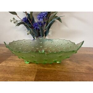 Vintage Green Hobnail Glass Bowl Footed Dish Textured Art Glass Centrepiece